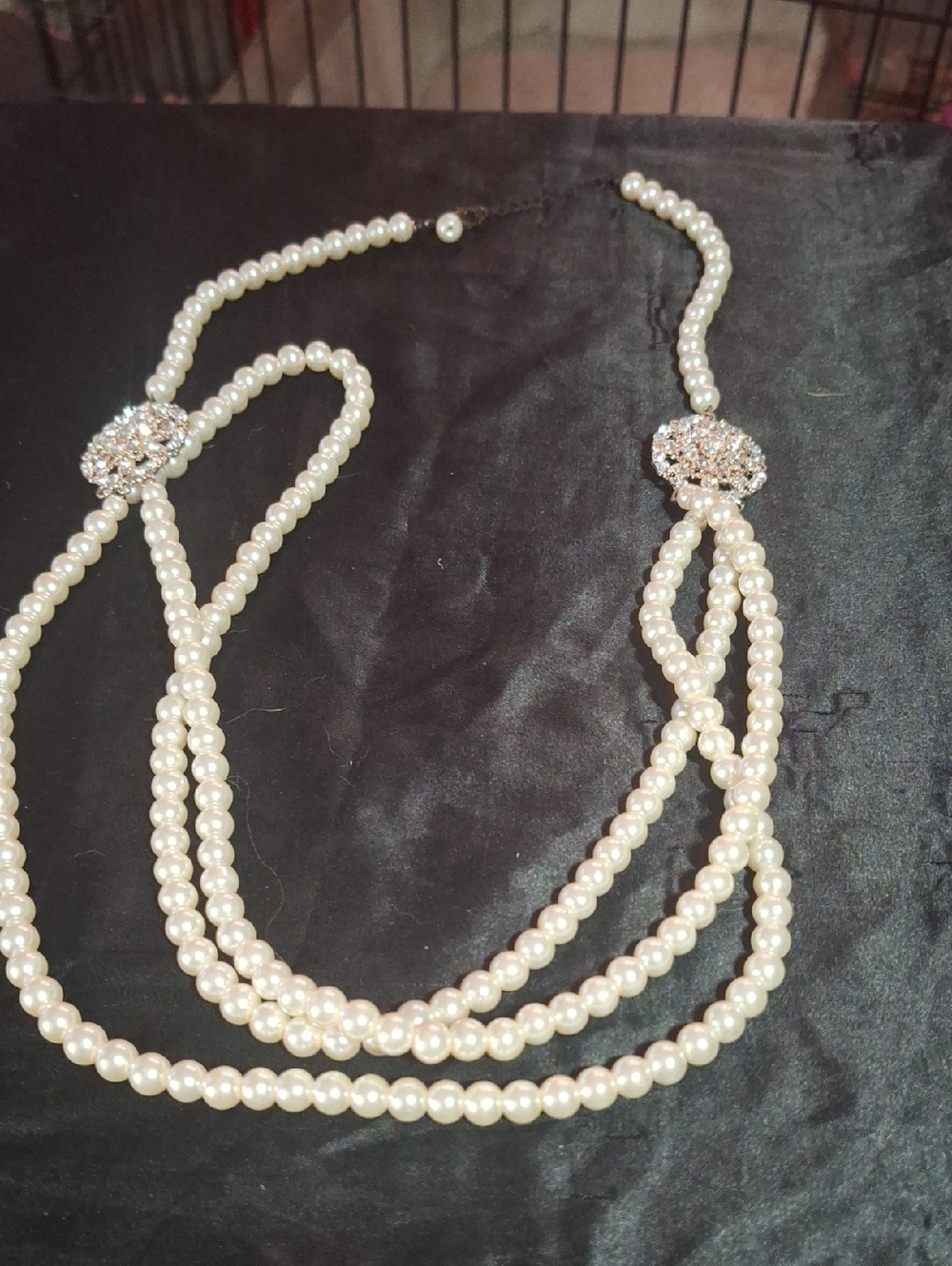 Pearl Multi-Strand Necklace with Rhinestone Accents - White